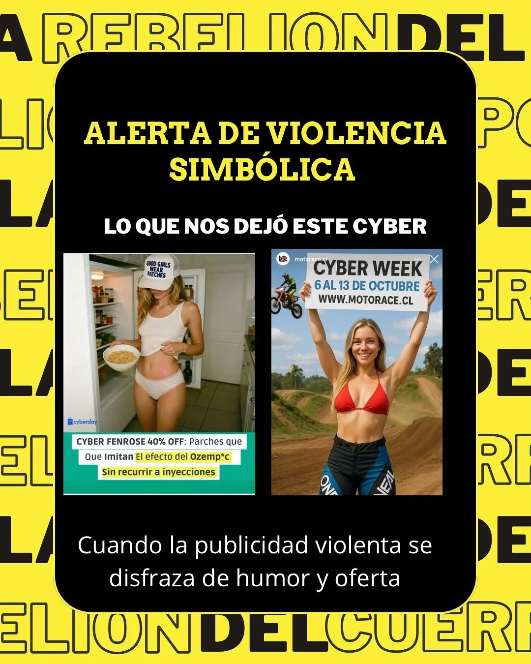 🚨 Alerta de violencia simb&oacute;lica en el CyberDay
Una marca usa el acoso como chiste.
Otra, donde adem&aacute;s de cosificar a las mujeres en una marca de moto, mientras el hombre ejerce el deporte, la mujer solo est&aacute; para &ldquo;sostener