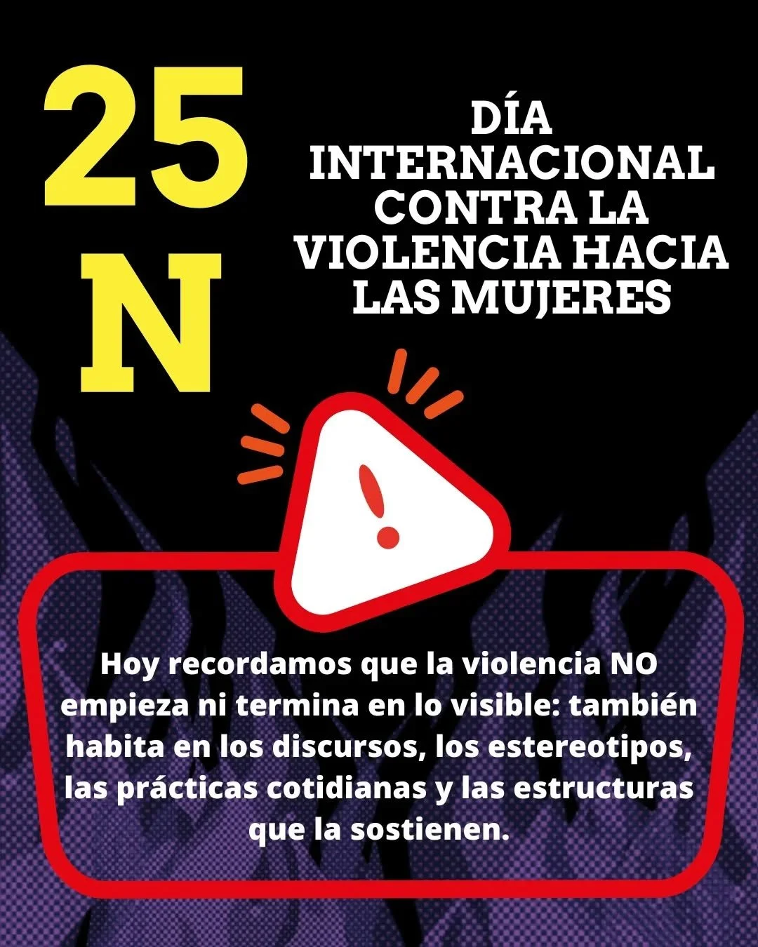 Hoy, en el #25N, recordamos que la violencia contra las mujeres no siempre es expl&iacute;cita.
Tambi&eacute;n vive en los discursos que nos minimizan, en los estereotipos que nos encasillan y en las pr&aacute;cticas cotidianas que nos silencian.

⚠️