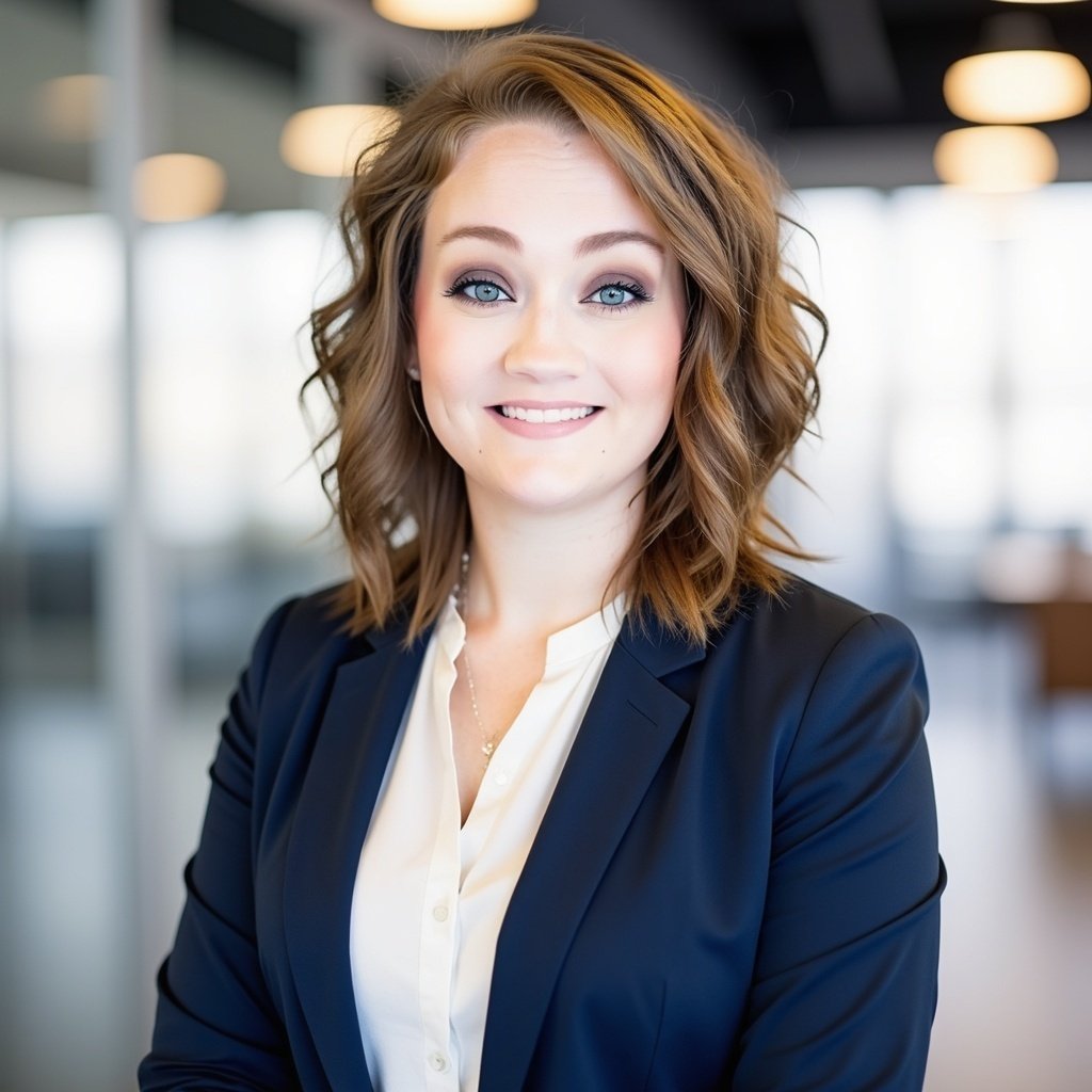 A young woman with shoulder-length wavy brown hair, wearing a navy blazer and a white blouse, smiling in a modern office setting with large windows and hanging lights.
