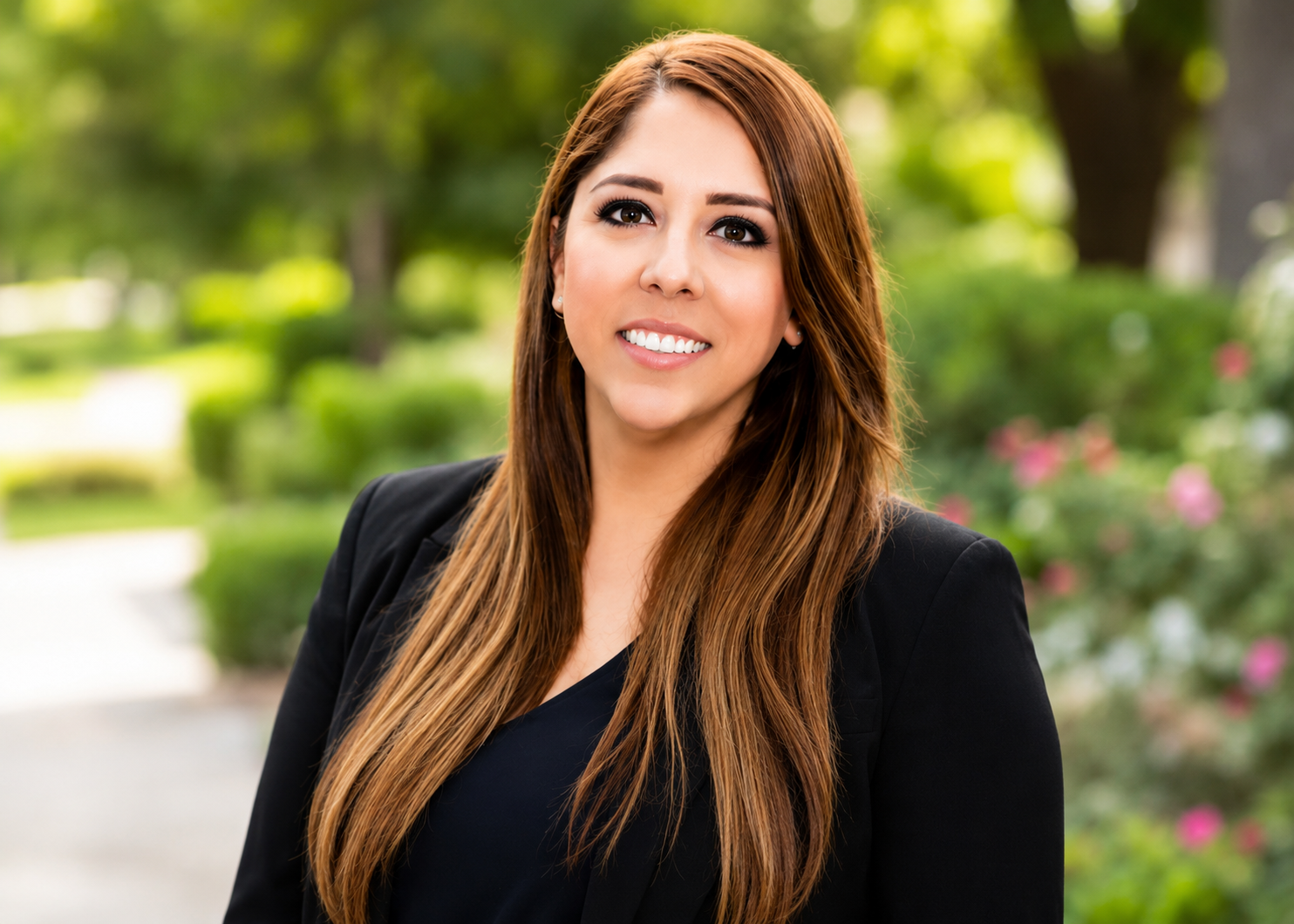 A woman with long brown hair in a black top and light purple blazer standing outdoors near water and trees, smiling at the camera.