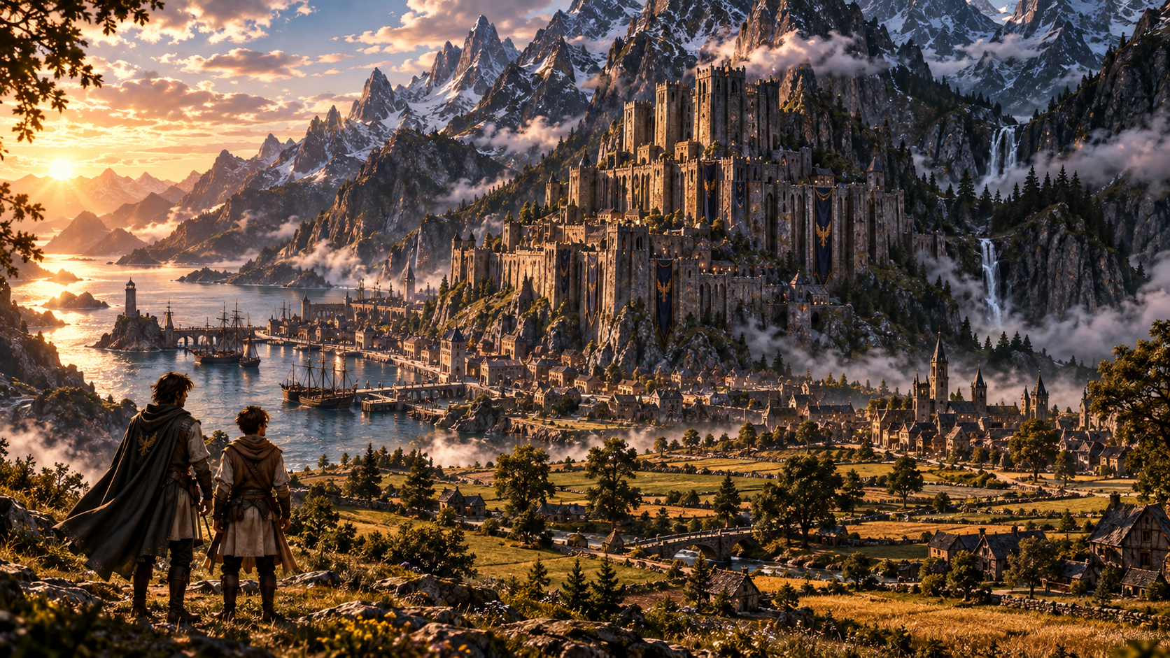 Neleuwen Castle beneath the mountains, overlooking surrounding fields, settlements and its harbour in The Truant Series.