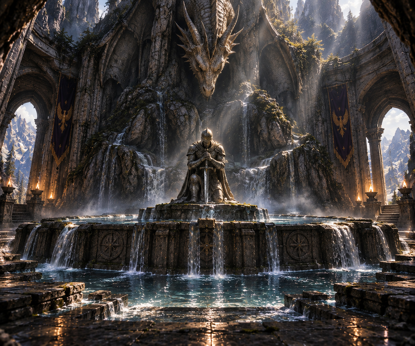 The Fountain of the Dragon in Neleuwen, with an ancient stone dragon overlooking a kneeling soldier surrounded by cascading water.