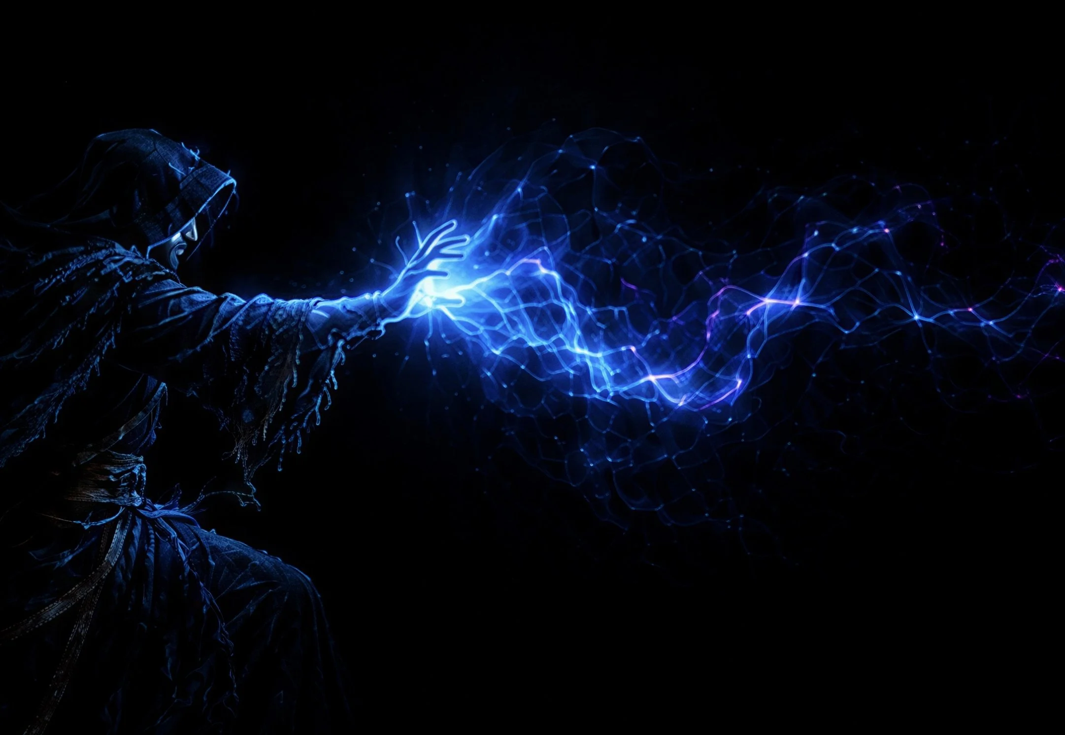 A person in a hoodie reaching out with an open hand towards glowing blue and purple electrical or energy-like sparks against a black background.