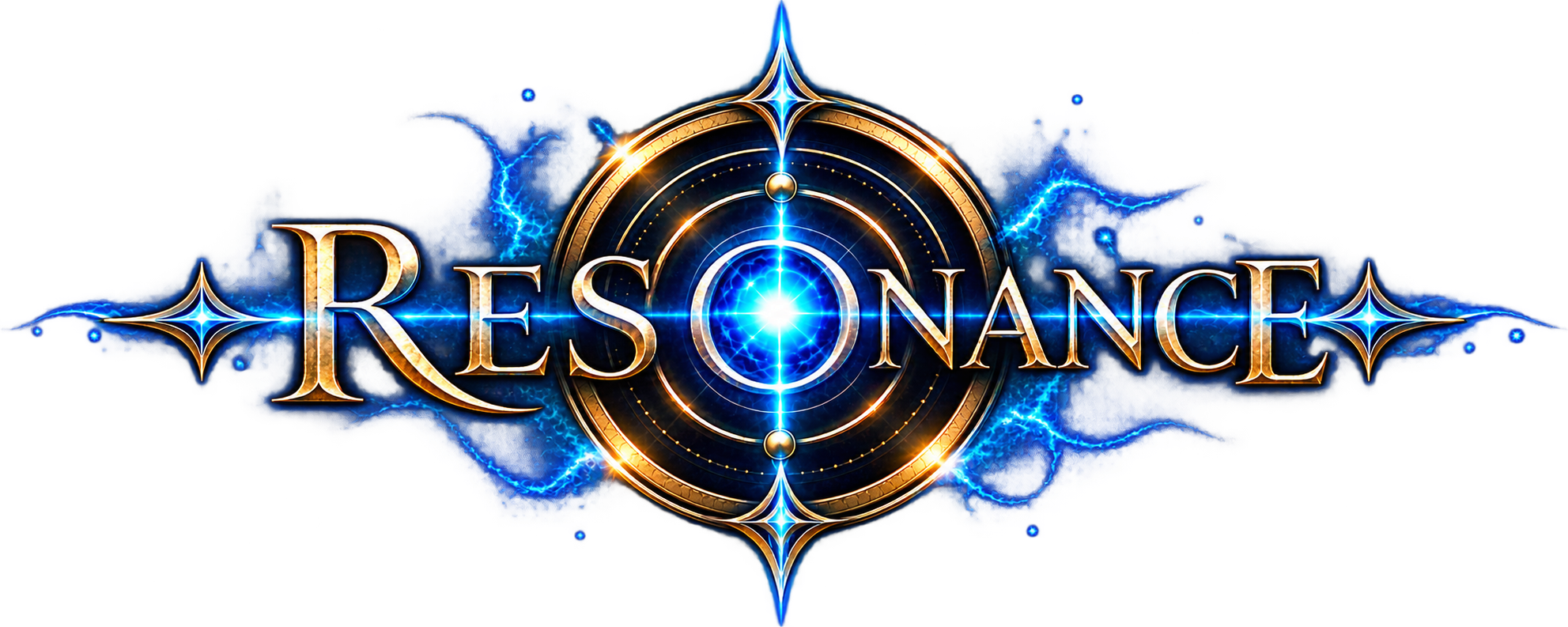 Resonance fantasy universe wordmark by author David McCann, with metallic lettering, celestial geometry and blue energy.