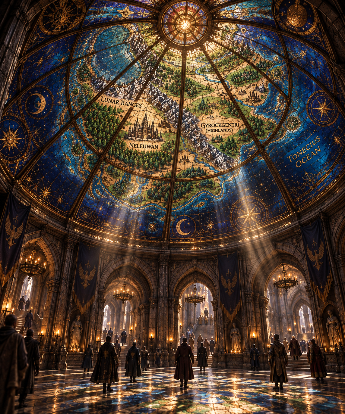 The Dome of Lillifor in Neleuwen Castle, where a magical stained-glass map of Neleuwen and the Lunar Ranges is projected by sunlight.