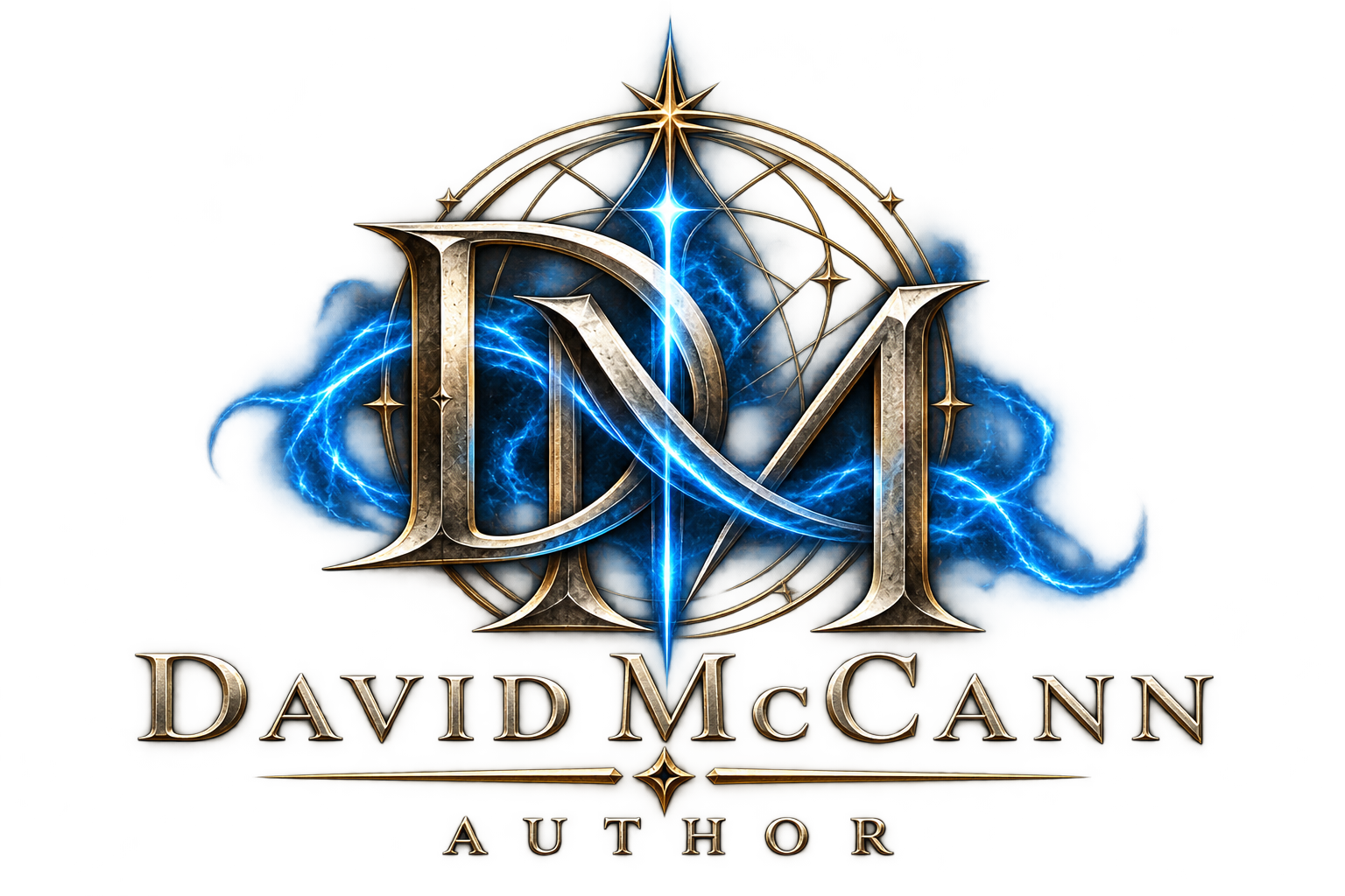 David McCann author logo featuring the metallic DM monogram with blue Resonance energy and celestial detailing.