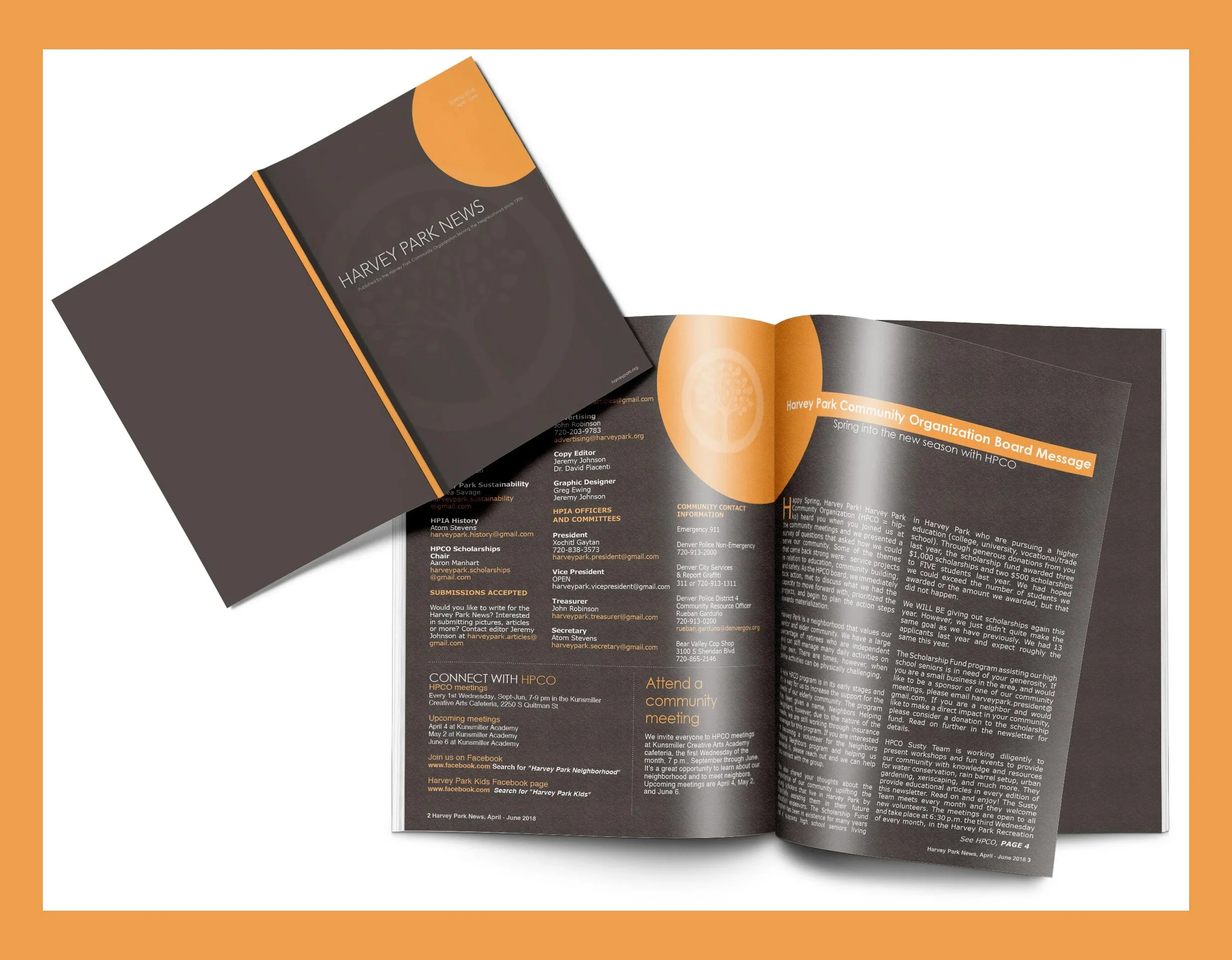 Created an open community newsletter for Harvey Park, incorporating articles, contact information, and community event details. The design features a sleek, dark-themed layout complemented by vibrant orange accents.