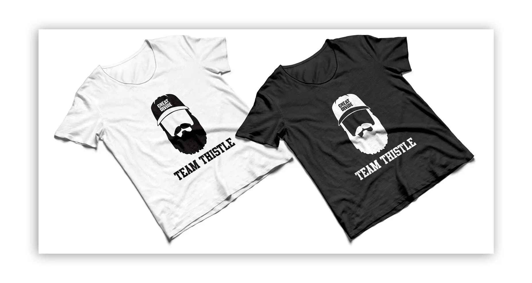 Created a t-shirt design for Great Divide Brewing Company, featured on both white and black colorways, showcasing an illustrated bearded portrait with 'GREAT DIVIDE' on the hat and 'TEAM THISTLE' at the bottom.