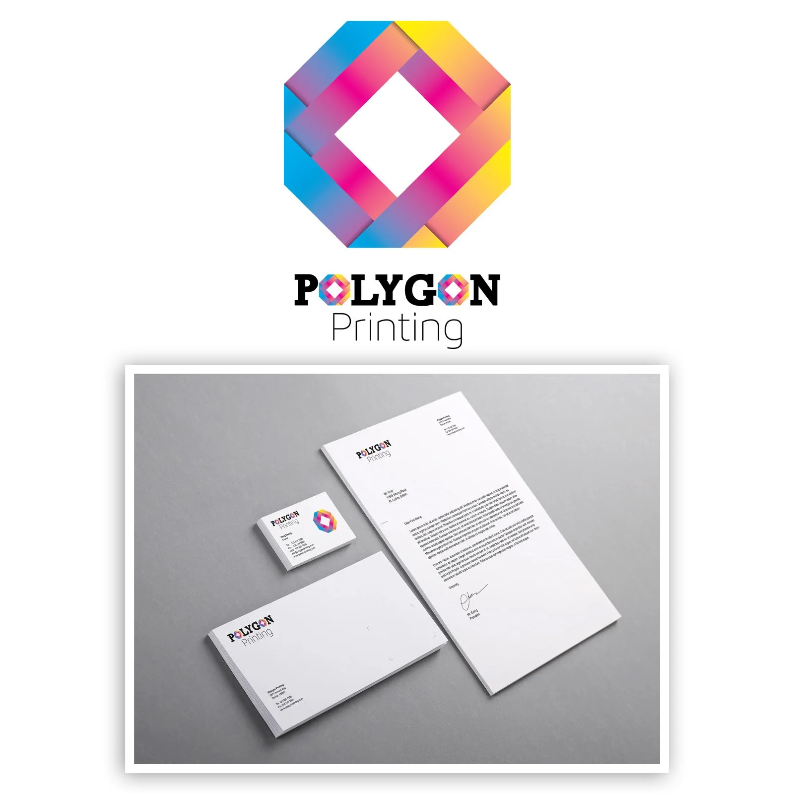 Developed a full business branding package for Polygon Printing, including a colorful hexagon logo, letterhead, business cards, and envelope designs.