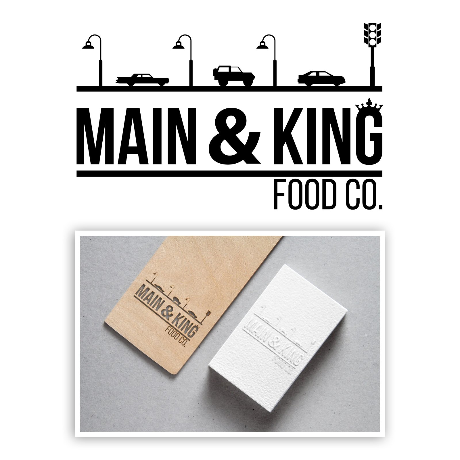 Developed a black and white logo for Main & King Food Co., featuring a stylized street scene with urban elements including streetlights, cars, and a traffic light.