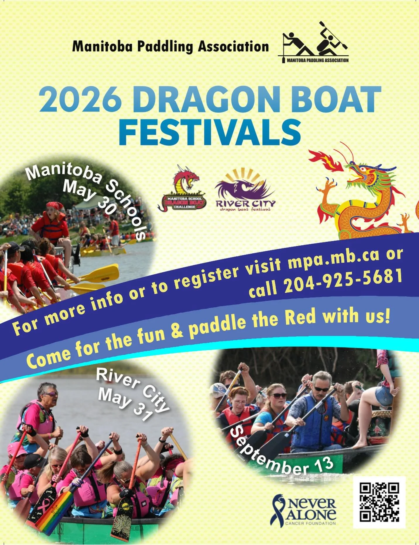 Our Manitoba Schools and River City Dragon Boat Festivals are right around the corner! 

Join us for a weekend packed with tons of racing, team building and excitement! 

Your team entry includes 2 practices with a full run down of the paddling strok