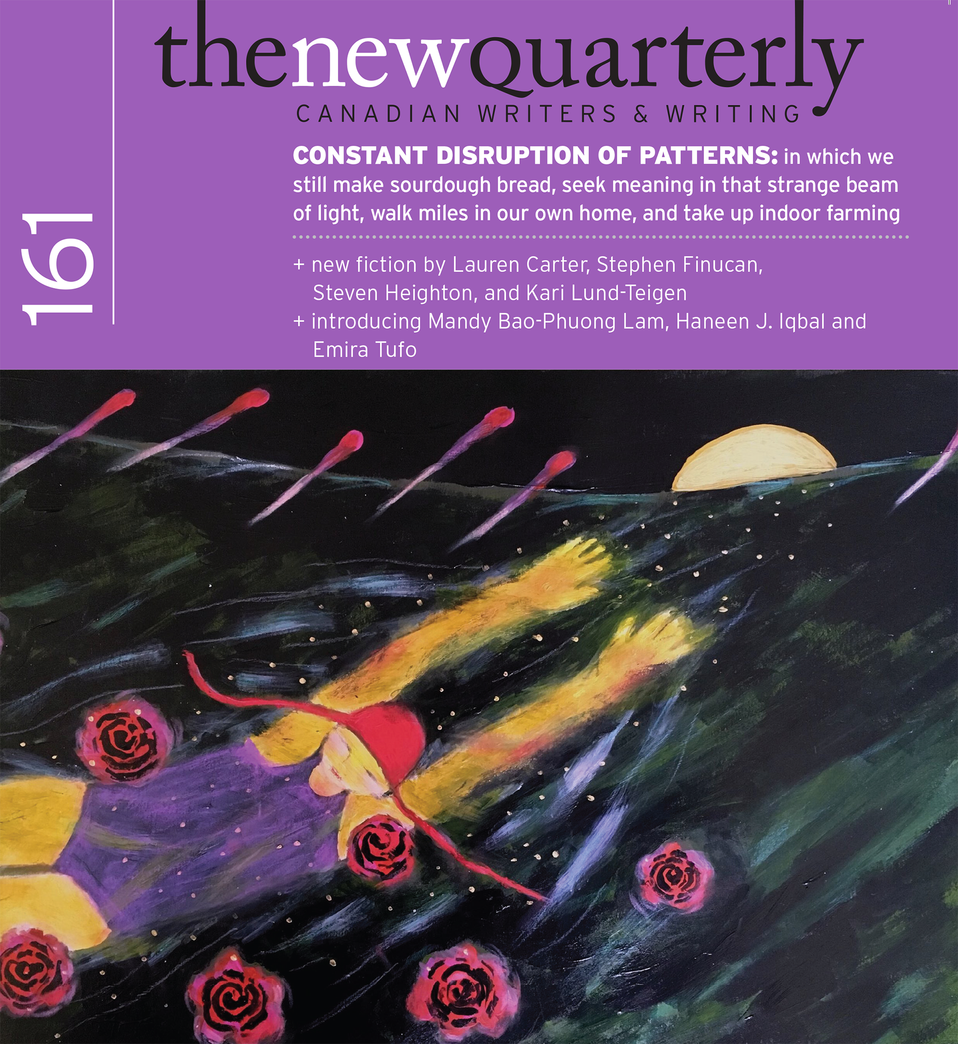 A magazine cover titled 'The New Quarterly: Canadian Writers & Writing' with a purple background and an abstract illustration of a dark sky with red roses, yellow streaks, and a setting sun.