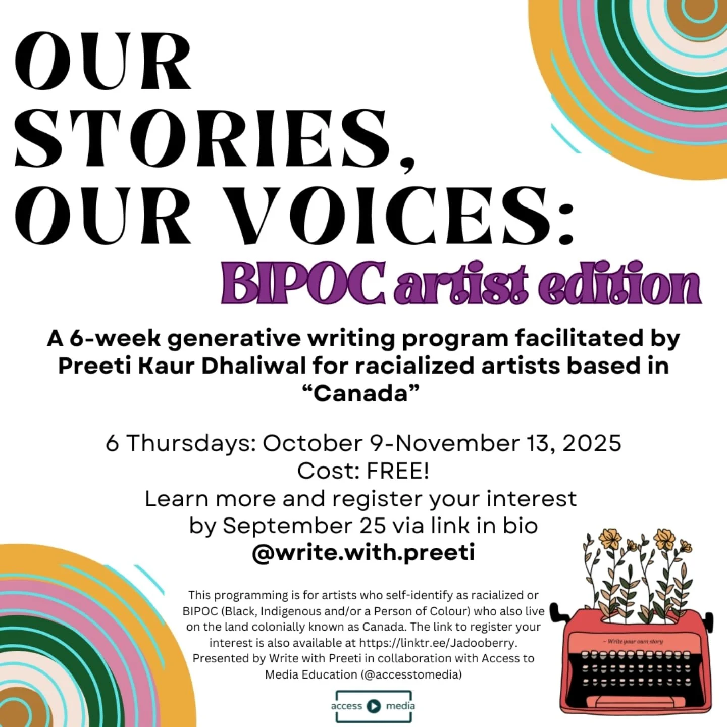 Hive, this next series is an invitation to racialized artists based in what is colonially known as Canada ✍️🏾

Our Stories, Our Voices&nbsp;is a&nbsp;free, online 6-week generative writing program&nbsp;facilitated by Preeti Kaur Dhaliwal in collabor
