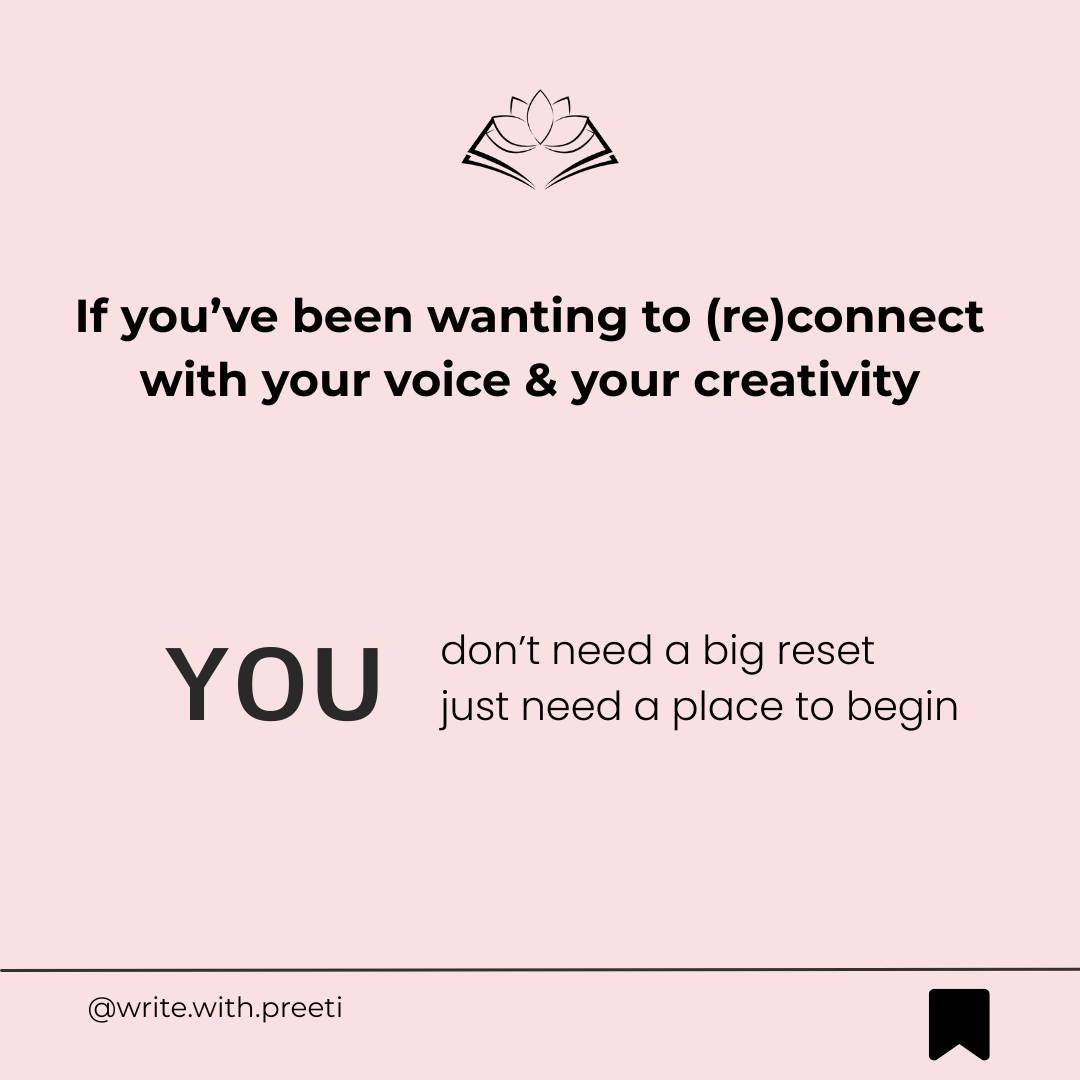 You don&rsquo;t need a big reset to return to your writing.
You just need a place to begin (again).

My monthly drop-in writing workshops are for anyone who wants to write&mdash;whether you do it every day or haven&rsquo;t in years. They are also a g