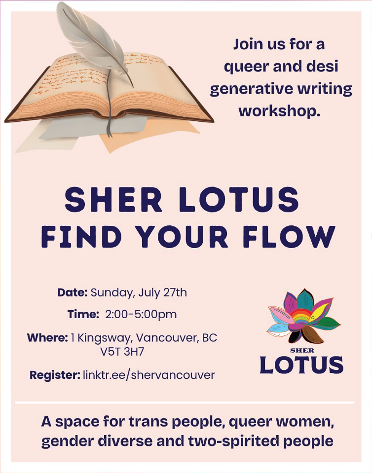 Flyer for a queer and desi generative writing workshop titled "Sher Lotus: Find Your Flow" on Sunday, July 27th, from 2:00 to 5:00 pm at 1 Kingsway, Vancouver, BC. Features an open book with a quill pen and a colorful lotus flower with the Sher Lotus logo. Includes details about registration and a note that the space is for trans people, queer women, gender diverse, and two-spirited people.