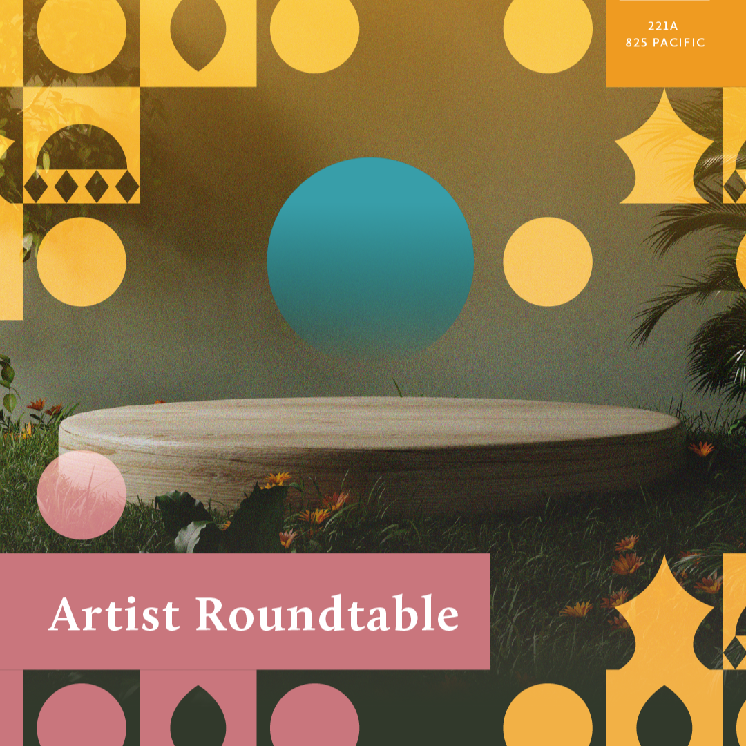 Poster for an artist roundtable event featuring a circular platform, surrounded by colorful geometric shapes, flowers, and plants with houseplants and floral patterns in the background.