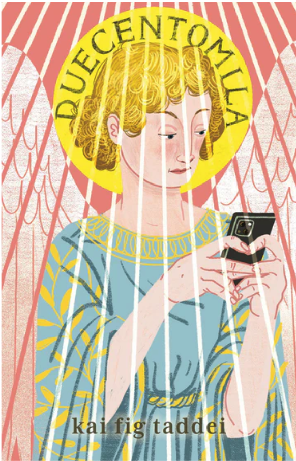 Book cover titled "Juventomilia" by Kai Fig Taddei, featuring an illustration of a woman with curly hair reading a smartphone, behind pink curtains with a yellow halo around her head.