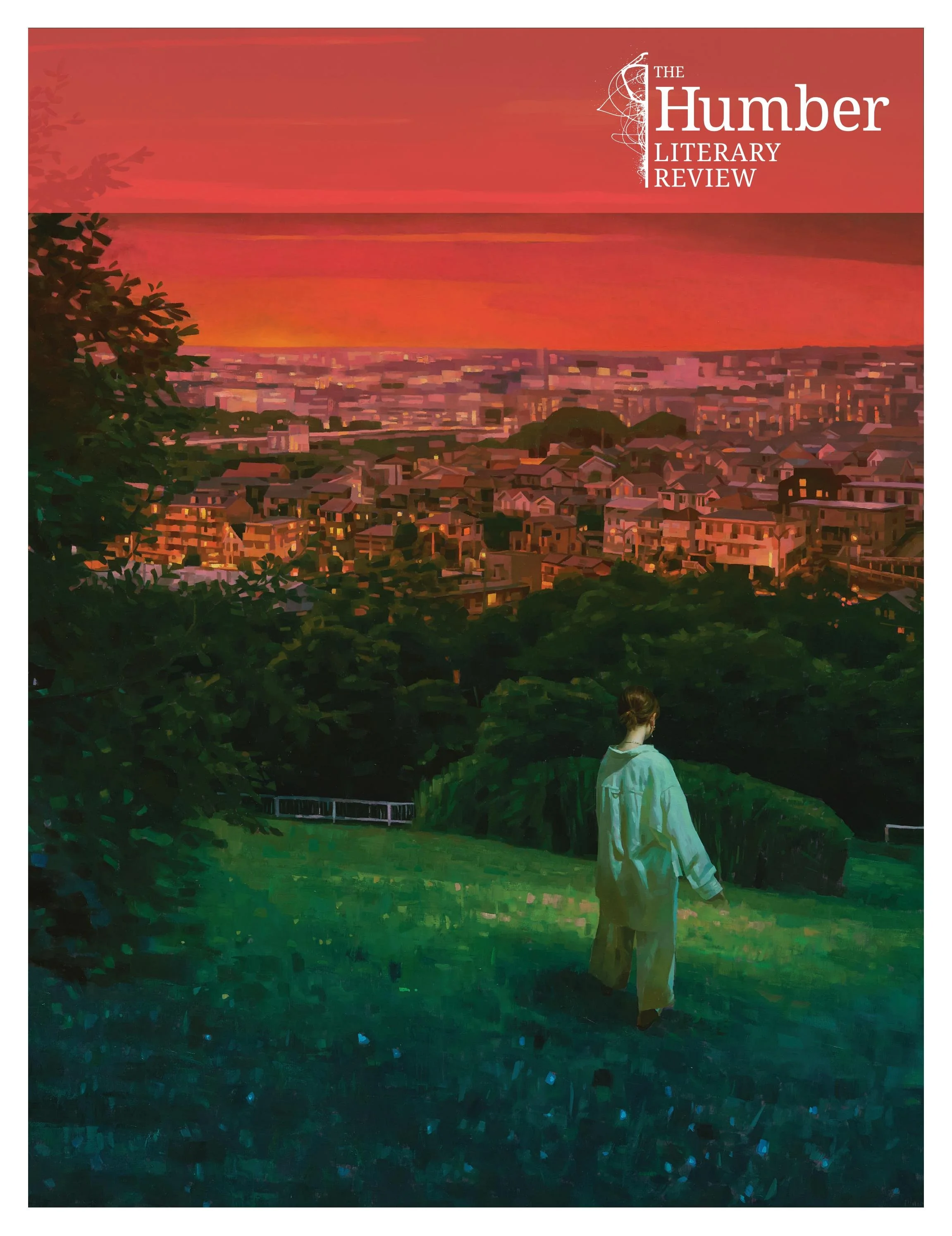 A person walking on a grassy hill overlooking a city at sunset, with the title 'The Humber Literary Review' in the top right corner.