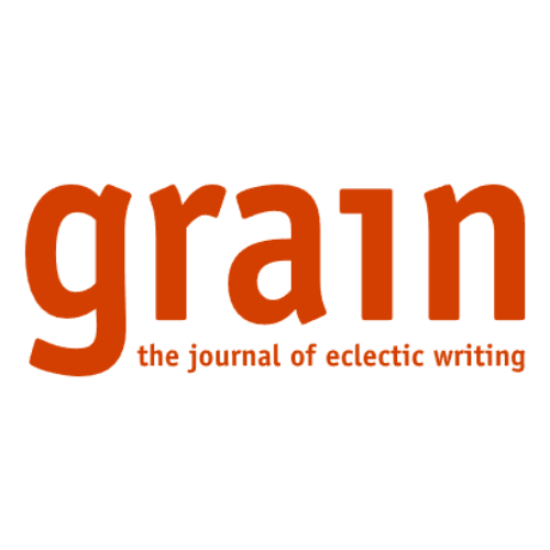The logo for 'grain,' a journal of eclectic writing, with the word 'grain' in large, bold, orange letters and the tagline 'the journal of eclectic writing' underneath in smaller orange font.