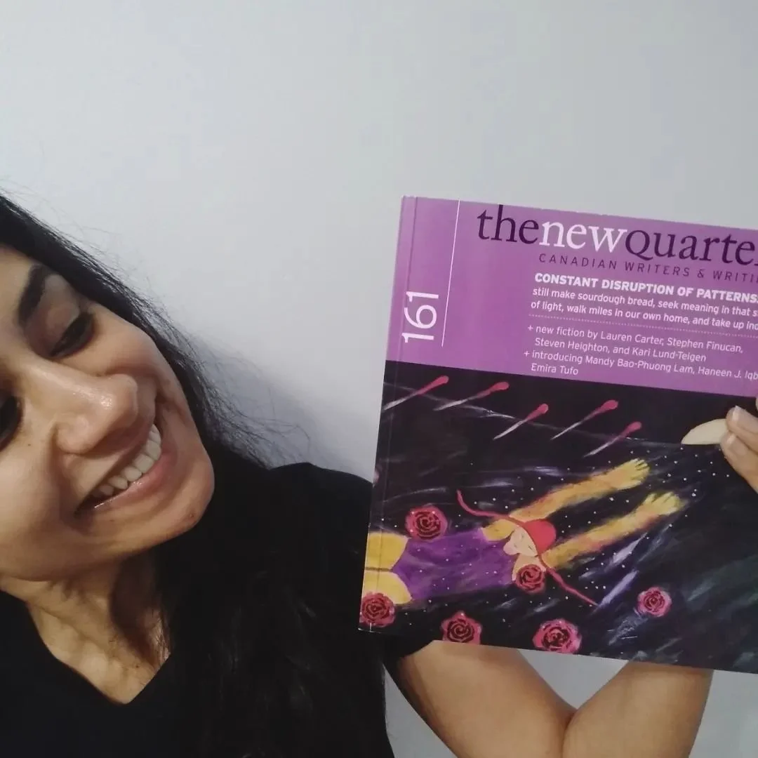 A magazine cover titled 'The New Quarterly: Canadian Writers & Writing' with a purple background and an abstract illustration of a dark sky with red roses, yellow streaks, and a setting sun.