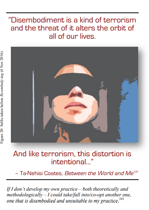 A digitally stylized portrait of a person wearing dark sunglasses and a hood, with a quote about disembodiment and terrorism from Ta-Nehisi Coates' book 'Between the World and Me', displayed in red text above and below the portrait.