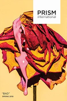 A stylized illustration of a flower with orange and red petals, with pink and white dripping paint on the petals, against a yellow background. The image includes a white box with the text 'PRISM international' and a quote 'BAD' SPRING 2018.