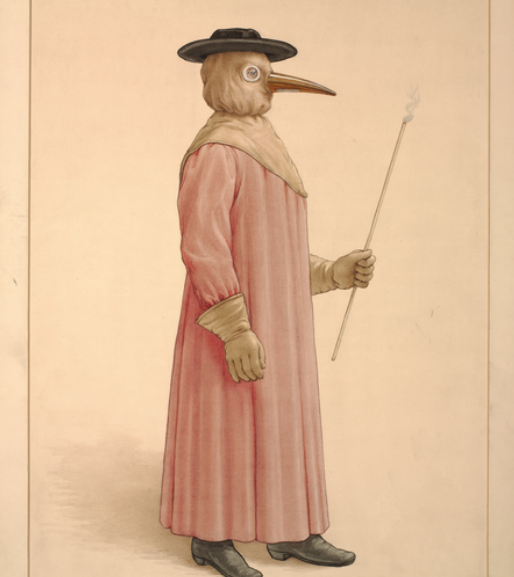 A humanoid figure with a bird's head, wearing a black hat, a long pink and beige coat, gloves, and boots, holding a smoking cigarette holder in its right hand.