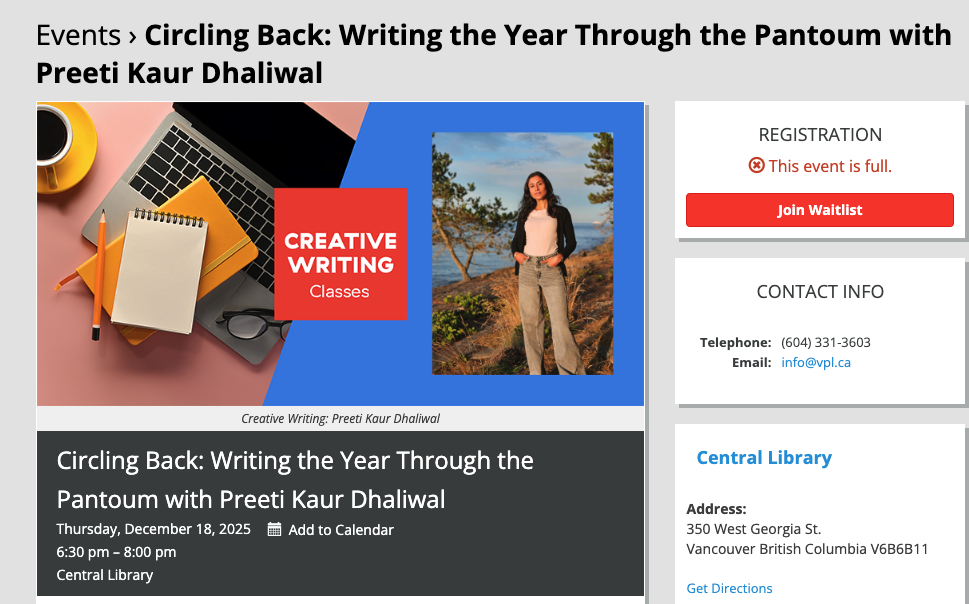 Event webpage for a creative writing class titled 'Circling Back: Writing the Year Through the Pantoum with Preeti Kaur Dhaliwal,' scheduled for December 18, 2025, from 6:30 p.m. to 8:00 p.m. at the Central Library.