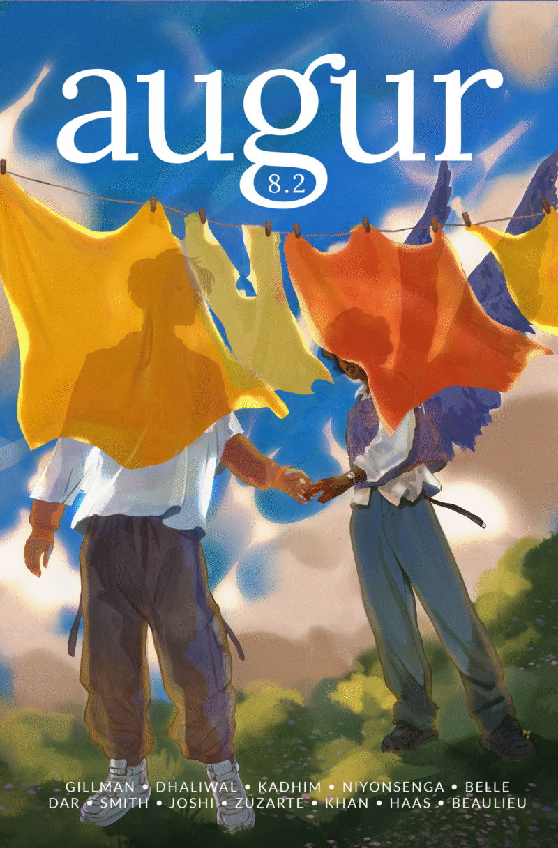 Illustration of two people holding hands outdoors with laundry hanging on a clothesline, set against a bright sky with clouds.