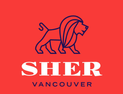 Logo featuring a stylized lion with a mane and tail, above the word 'SHER' in bold white letters, with 'VANCOUVER' written underneath in smaller blue text, on a red background.