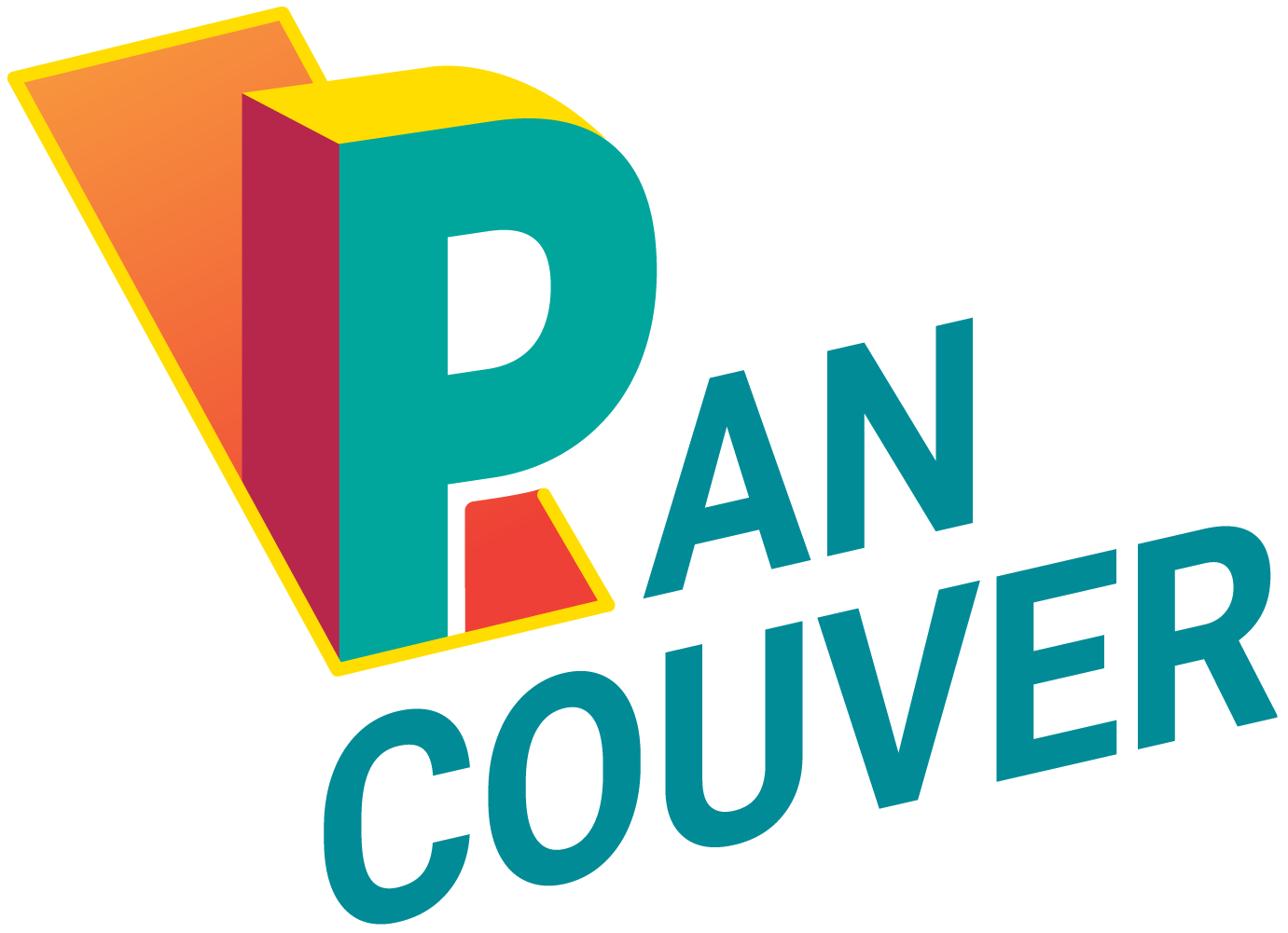 Colorful logo with a large, three-dimensional letter P in teal, inside a yellow-outlined red and orange geometric shape, with the words 'PAN COUVER' in teal text to the right and below.