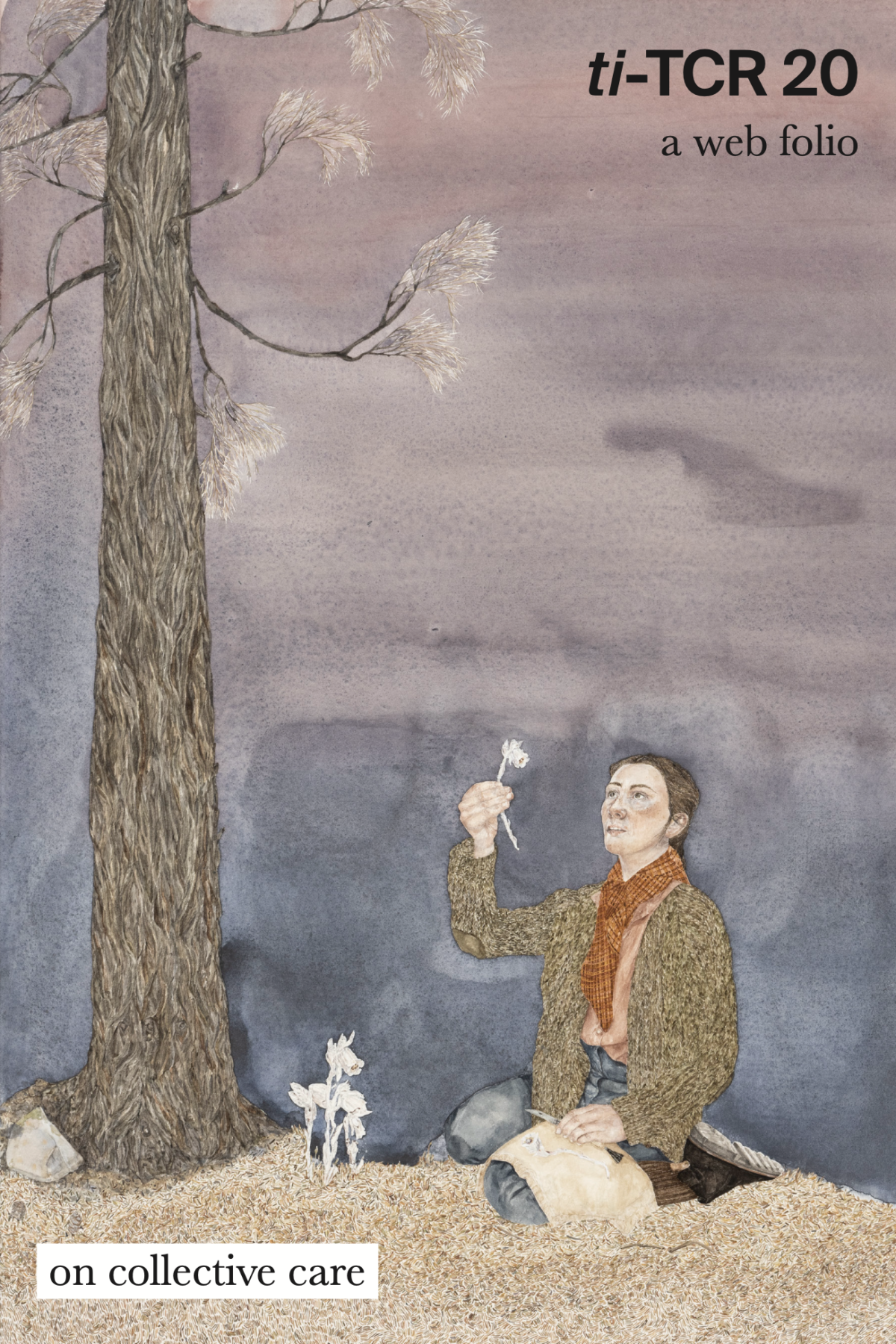 A person sitting on the ground near a tree, holding a small flower in their hand. The background has a cloudy sky, and a small unicorn sculpture is nearby. The text on the image reads 'ti-TCR 20' and 'a web folio,' with a label 'on collective care' at the bottom left.