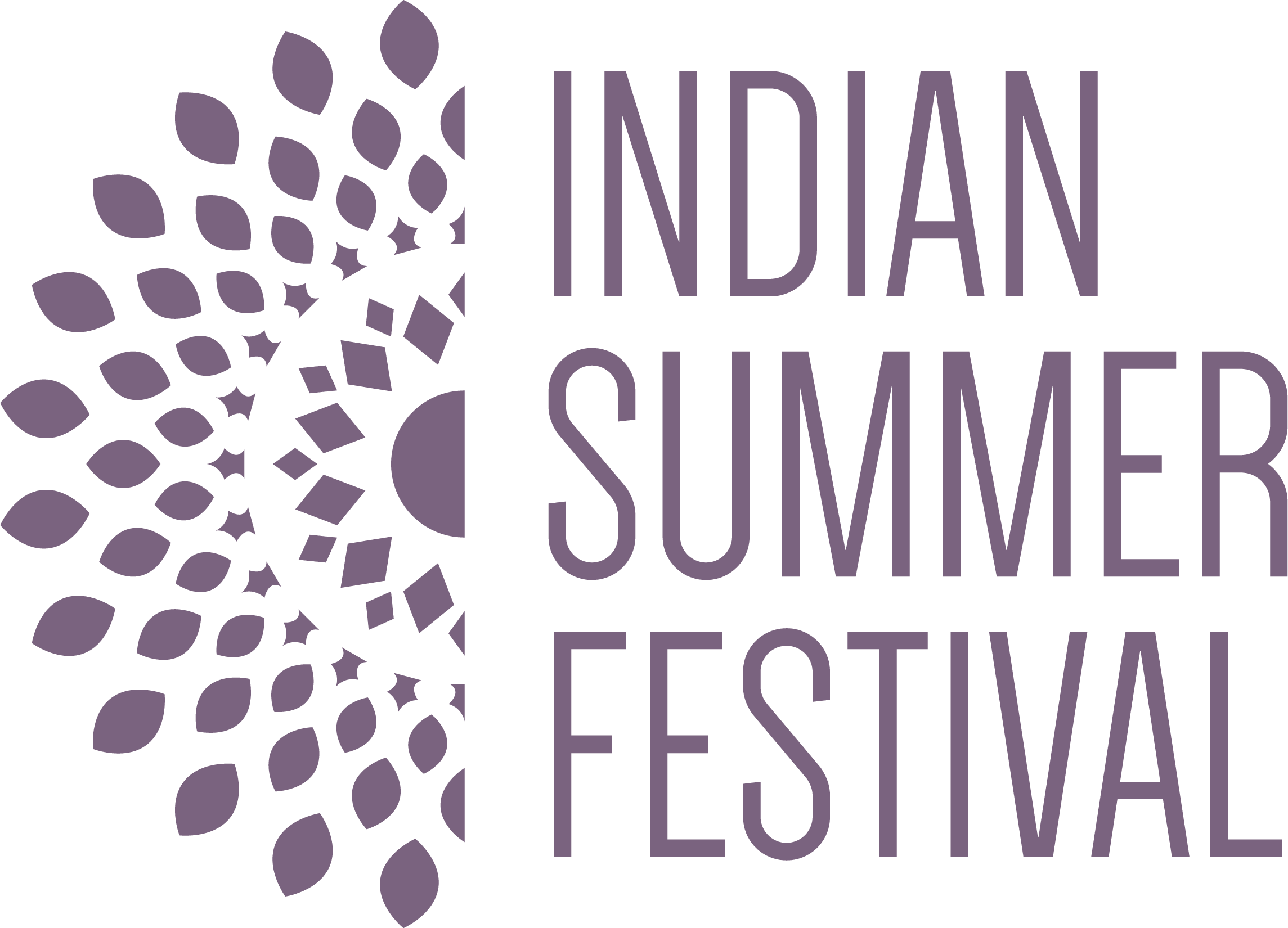 Graphic design for Indian Summer Festival, featuring purple abstract leaf shapes on the left and purple text on the right reading Indian Summer Festival.