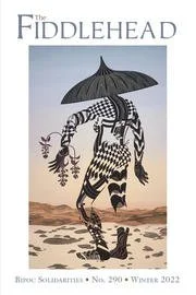 A black and white illustration of a crocodile holding an umbrella, wearing a hat and patterned clothing, walking on a beach with a landscape in the background.