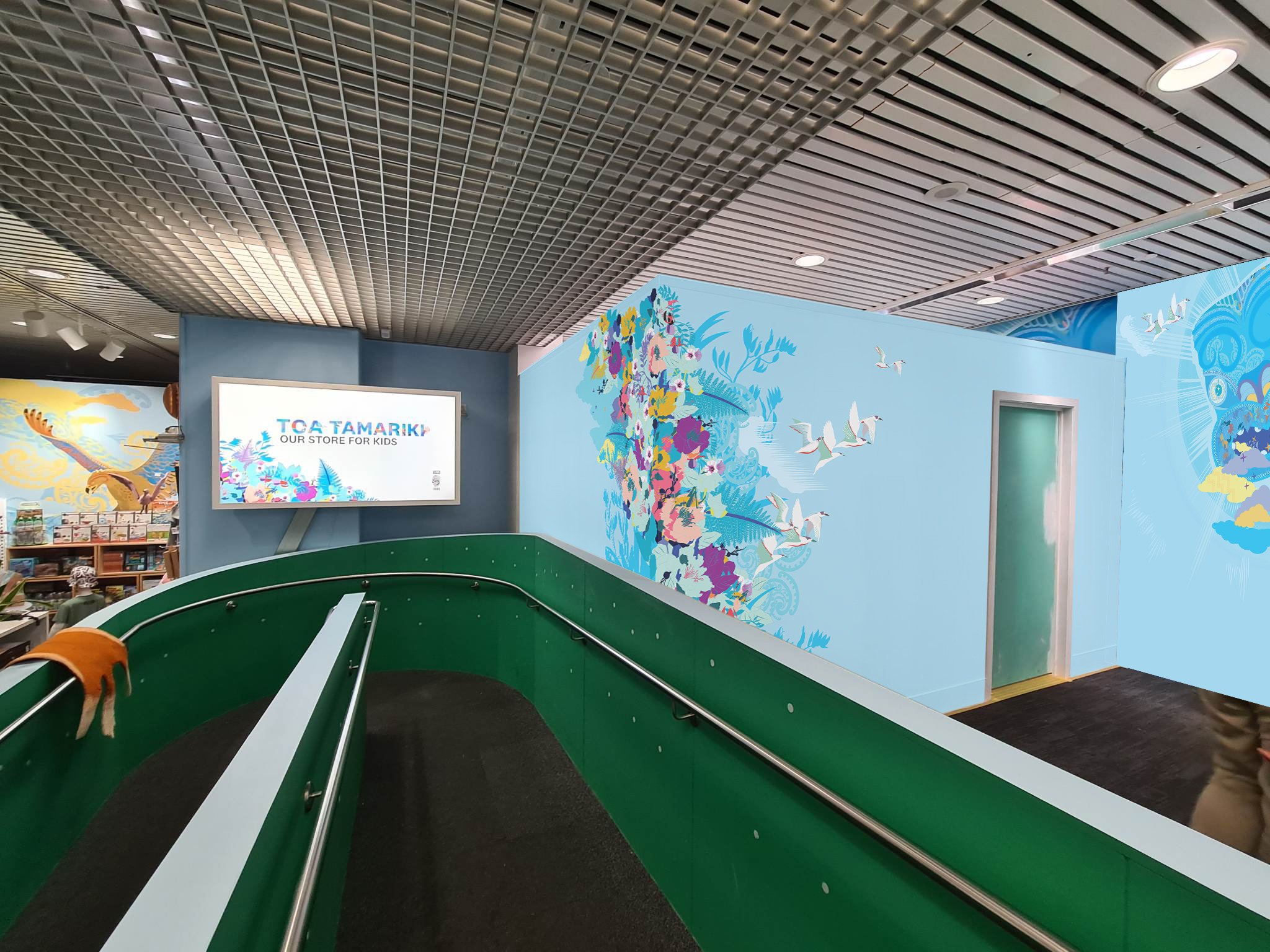 Approved mural design concept for front and door wall at Te Papa Kid's Store. A Photoshop mockup so the client could see the design in context before approving the artwork. Wellington, New Zealand.