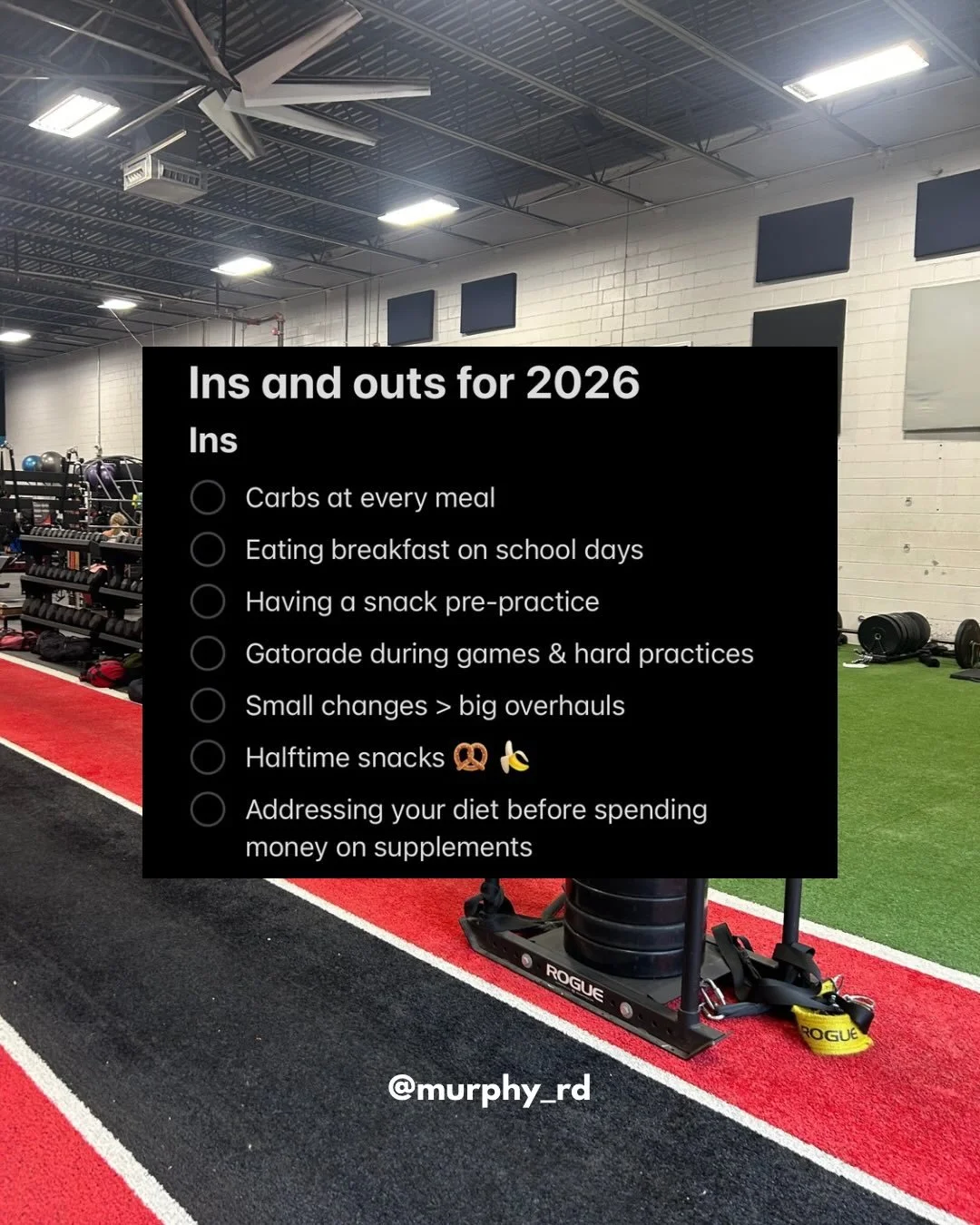 Sports nutrition ins &amp; outs for 2026 that all high school athletes could benefit from. 

More consistent fueling. Less skipping meals and snacks. 

More focus on carbs. Less focus on protein-ifying everything.

More focus on being patient. Less s