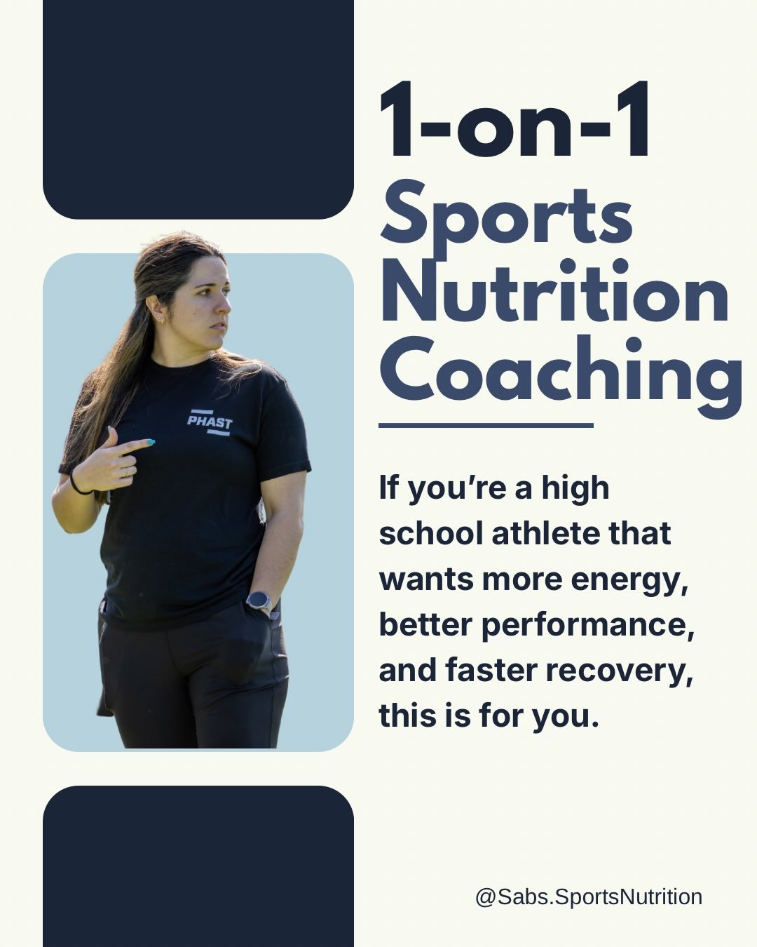 You&rsquo;re already giving training your all. Why not elevate your fueling to match?

My 1-on-1 sports nutrition coaching is built for high school athletes who want to:
Increase energy &amp; performance 
Improve body composition 
Fuel for tournament