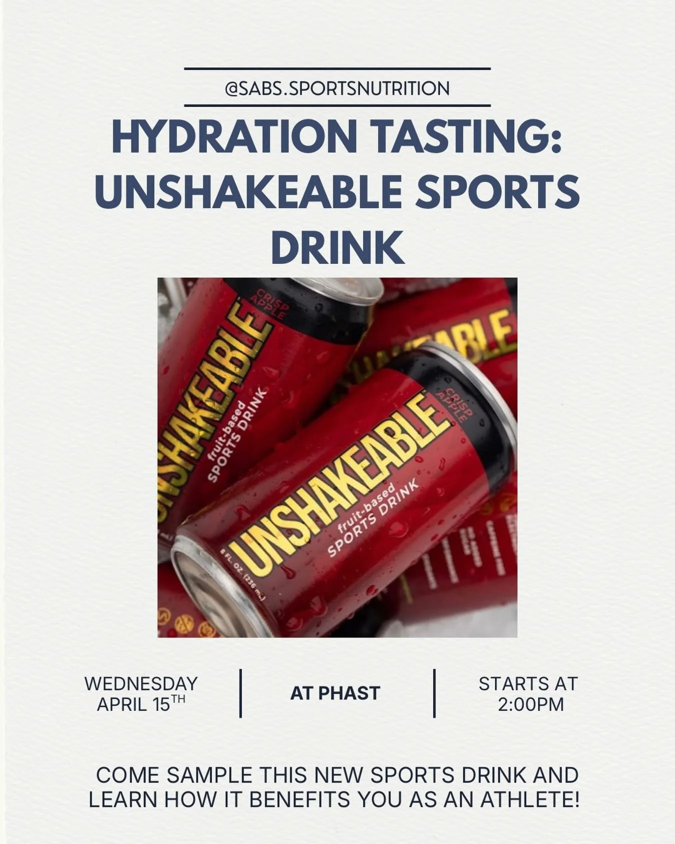 I have another exciting tasting coming up for our PHAST athletes on Wednesday!

Unshakable sports drinks were created by a local dietitian, Jenny, and offer the fluids, carbs, and electrolytes you need to stay hydrated as an athlete. 

Wednesday is g