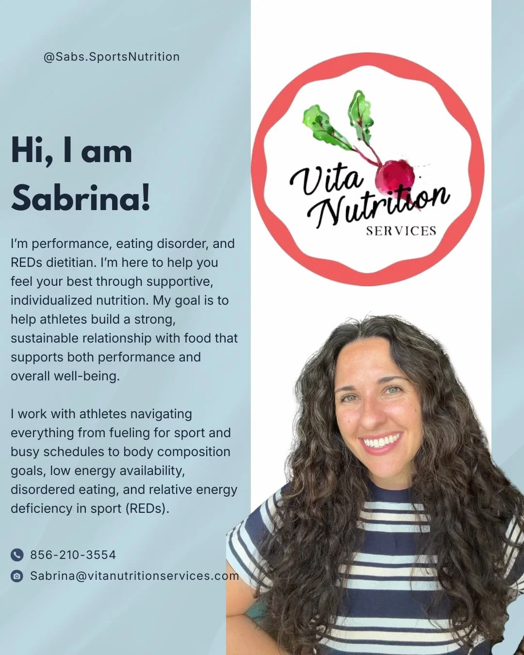 I am excited to share that I am joining the team at Vita Nutrition Services as a full-time registered dietitian! 

This transition allows me to fully focus on nutrition services and supporting athletes and non-athletes alike with their health and per