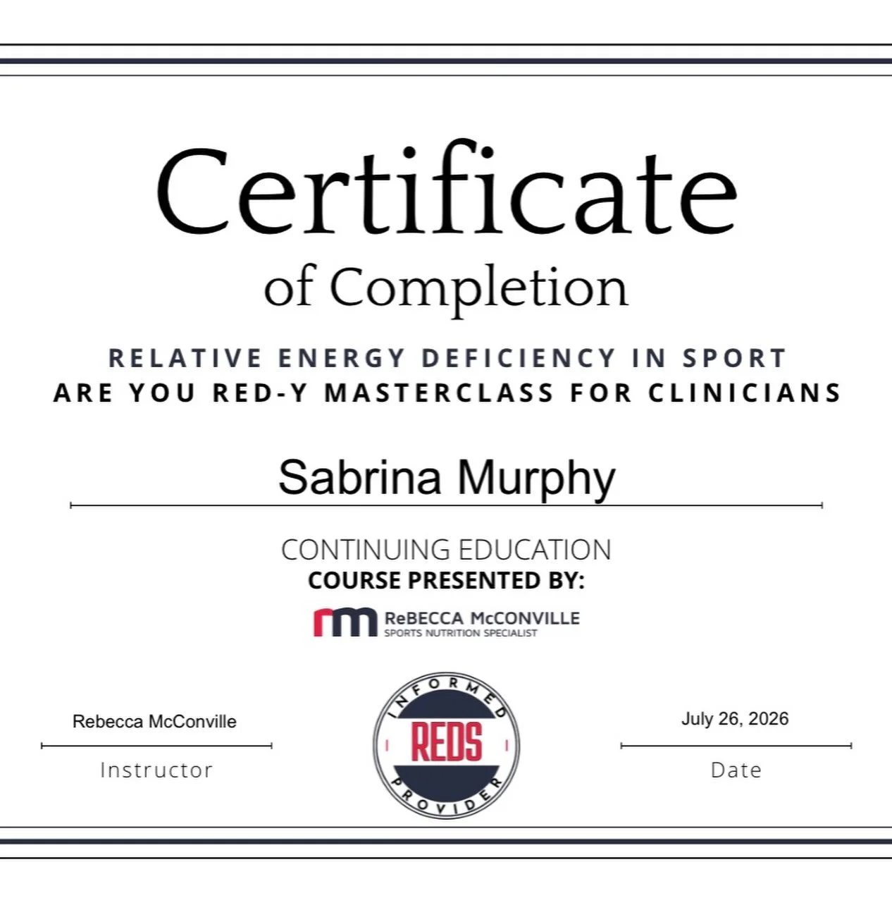 I&rsquo;m happy to share that last month I completed a comprehensive training on REDs (Relative Energy Deficiency in Sport) and I am now a REDs Informed Provider. 

REDs has been a special interest of mine for many years and I am excited to have an i