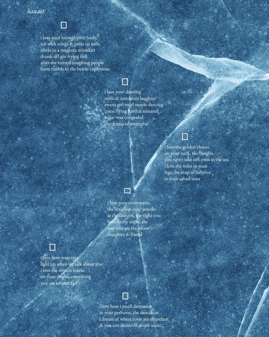 Online Exclusive Issue 1.1 | BODY POLITICS | 🔗 Check out the full issue at the link in our bio.

SLIDES 1-3 | POETRY | banah el ghadbanah | banati 
banah el ghadbanah (they/zhe) is the author of La Syrena, Visions of a Syrian Mermaid from Space, whi