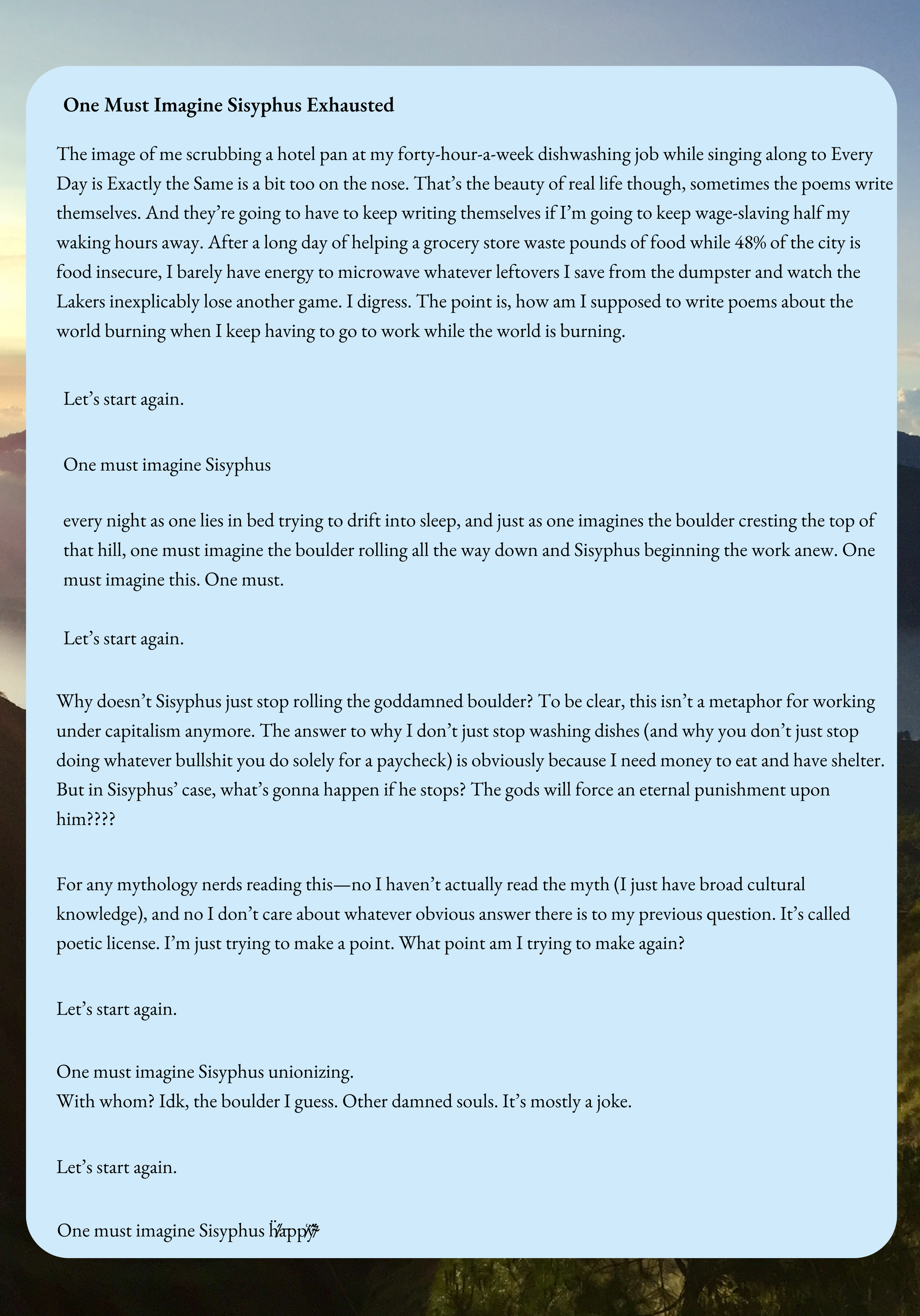 Delilah McCrea | One Must Imagine Sisyphus Exhausted part one