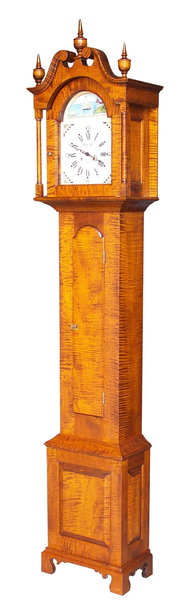 bench made grandfather clock in tiger maple new england grandfather clock