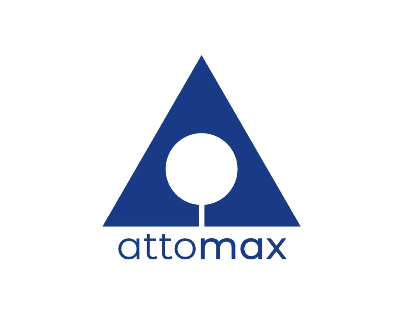 Logo of Attomax featuring a blue triangle with a circle cutout and the company name below.