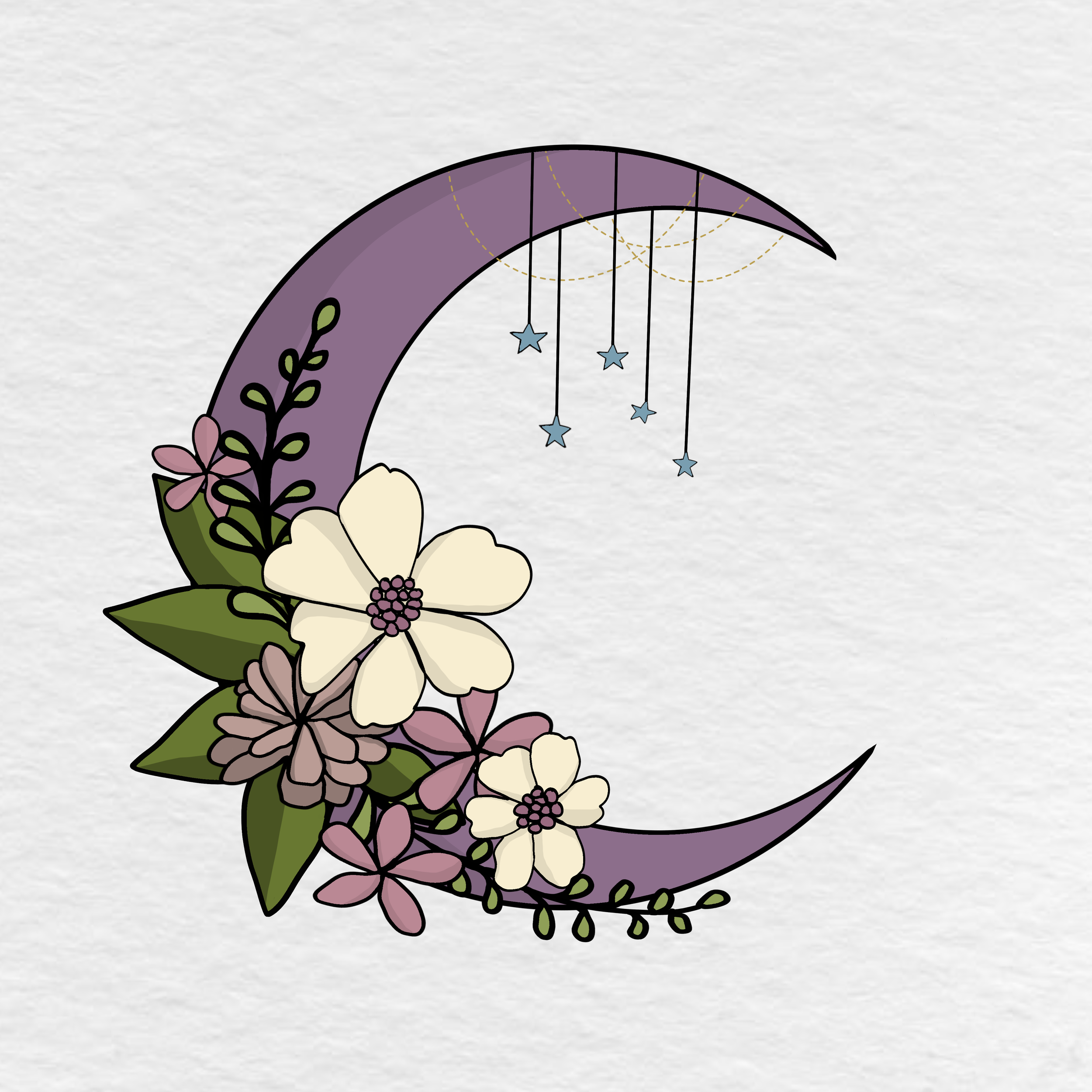 A decorative illustration featuring a rainbow with purple and lavender hues, flowers, and hanging star-shaped ornaments.