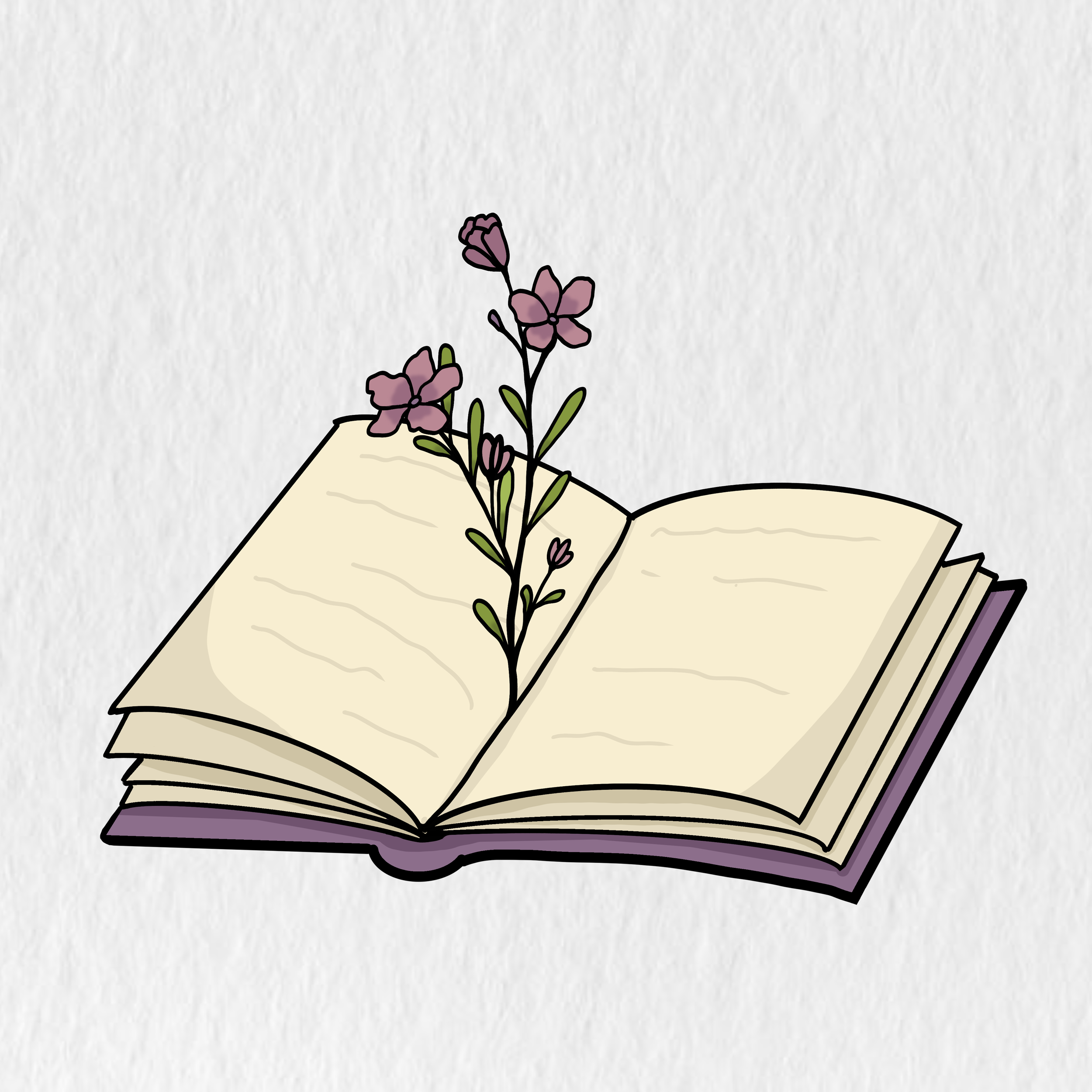 A simple digital drawing of a purple flower with green leaves, emerging from an open book with beige pages and a purple cover.