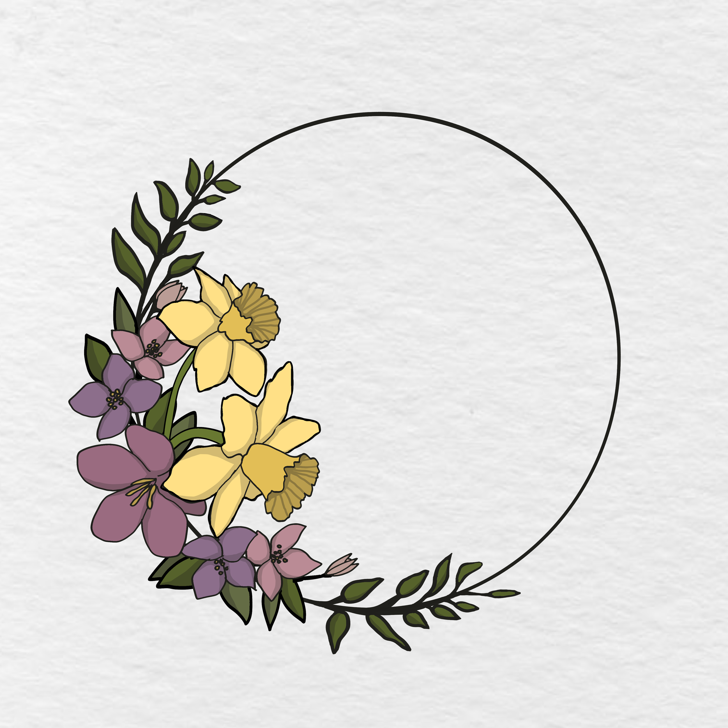 partial view of a decorative floral design with yellow, purple, and beige flowers, along with green leaves and black outlines, arranged in a circular pattern on a light background.