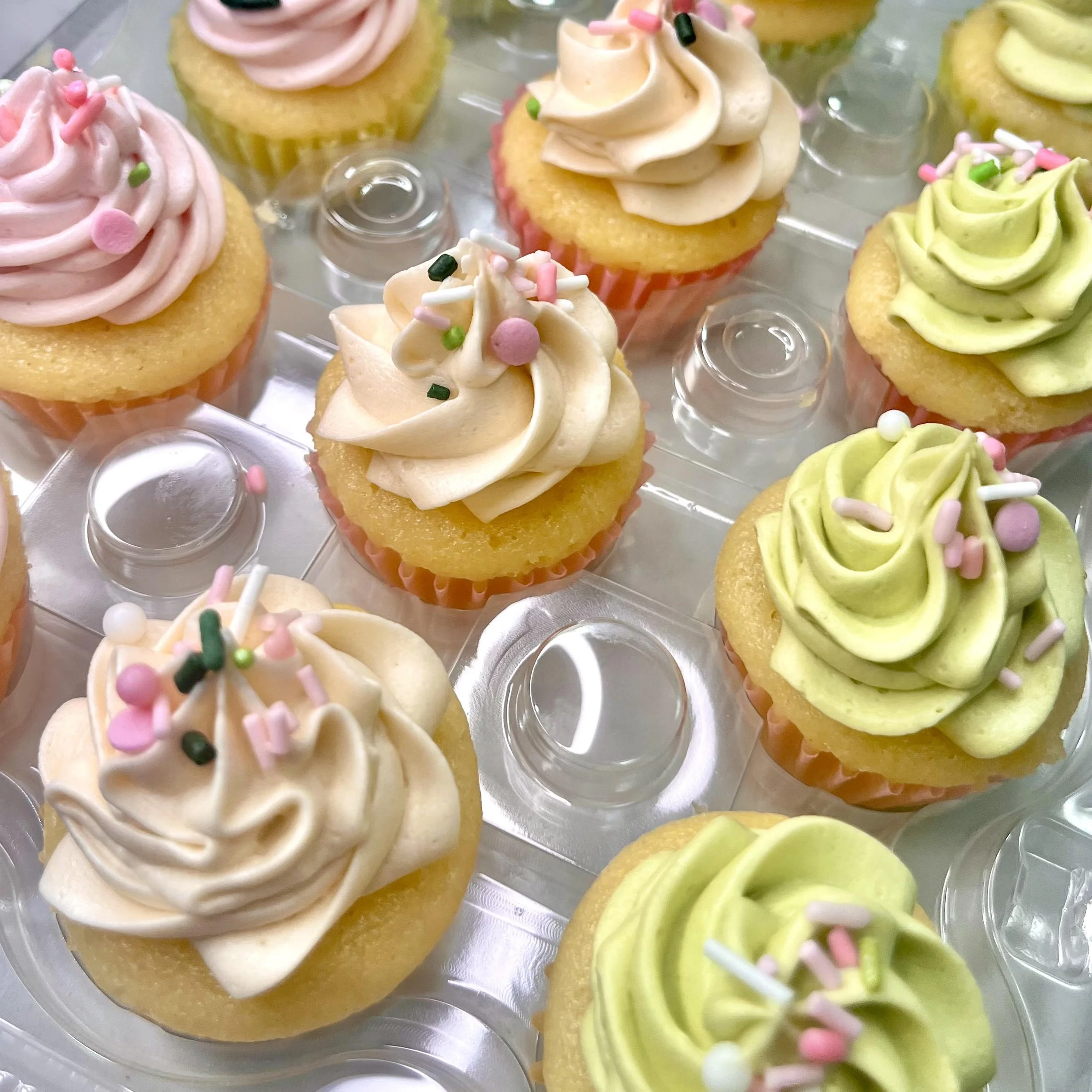 A display of colorful cupcakes with pastel-colored frosting and sprinkles, arranged in a plastic container.