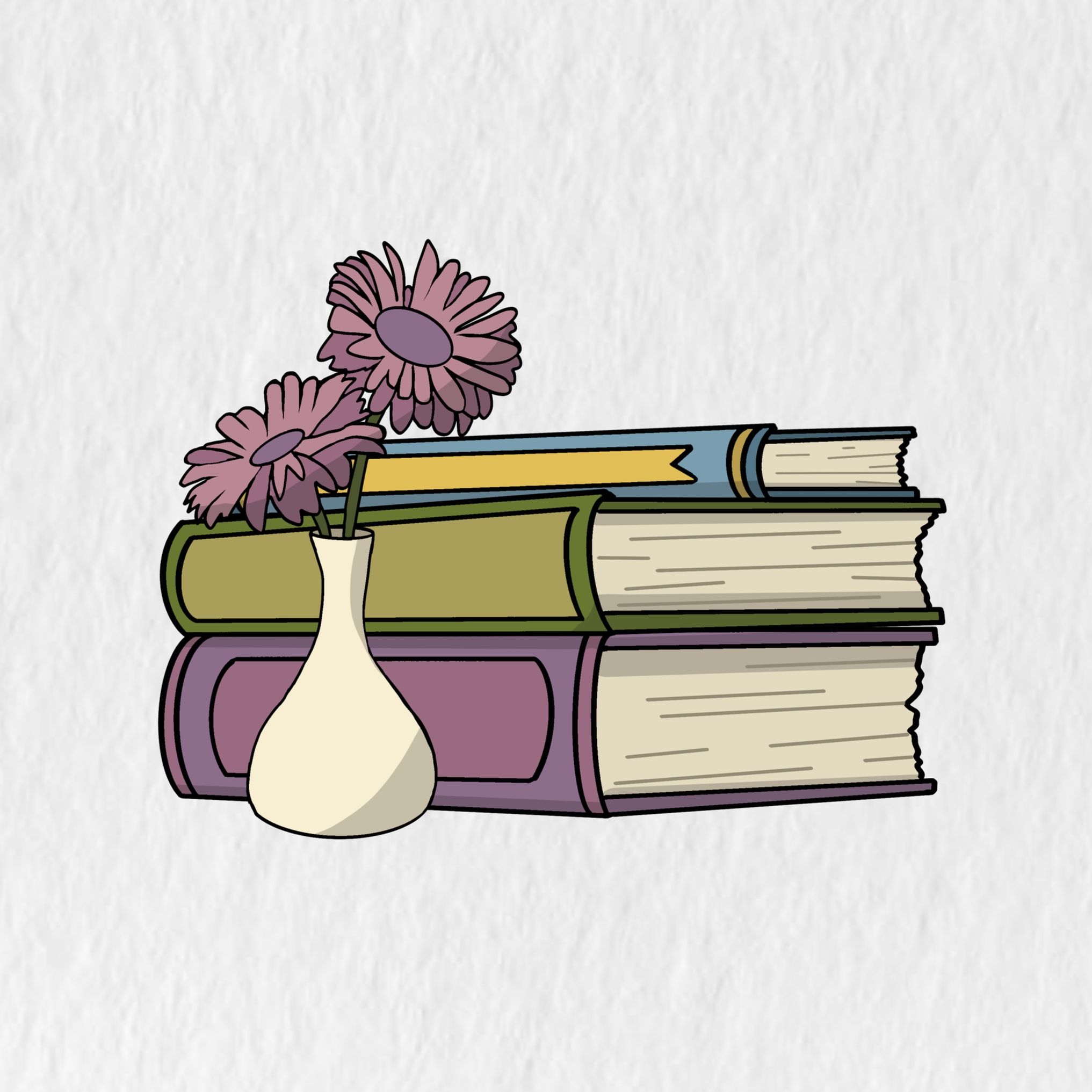 Stack of books with pastel-colored covers on a green surface, decorated with purple flowers in a white vase.