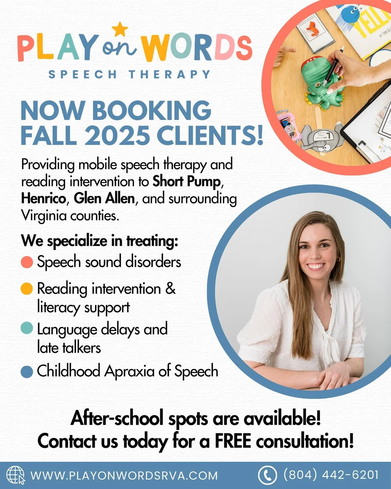 Play on Words Speech Therapy is booking our Fall 2025 schedule! 🍁 Boost your child&rsquo;s speech, language, and reading skills with us as they head back to school! 📚

Call us at 804-442-6201 to secure your spot today. We have after school availabi